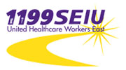 The image displays a logo with text that reads 119 SEIU UNITED HEALTHCARE WORKERS EAST on a purple background, accompanied by a stylized graphic of a yellow road leading to a sunburst in the upper right corner.